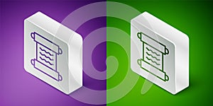 Isometric line Ancient papyrus scroll icon isolated on purple and green background. Parchment paper. Ancient Egypt