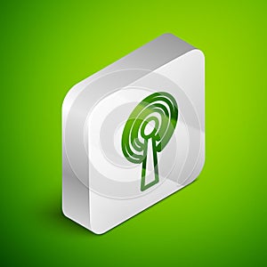 Isometric line Antenna icon isolated on green background. Radio antenna wireless. Technology and network signal radio