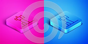 Isometric line Antenna icon isolated on pink and blue background. Radio antenna wireless. Technology and network signal