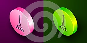 Isometric line Antenna icon isolated on purple and green background. Radio antenna wireless. Technology and network