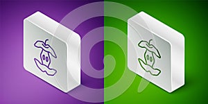 Isometric line Apple core icon isolated on purple and green background. Bitten apple symbol. Apple stub silhouette