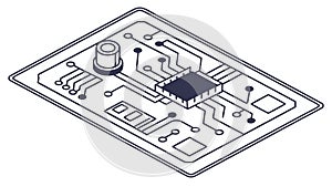 Isometric Line Art of a Computer Microprocessor and Circuit Board, vector design Generative AI