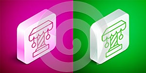 Isometric line Attraction carousel icon isolated on pink and green background. Amusement park. Childrens entertainment