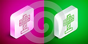 Isometric line Attraction carousel icon isolated on pink and green background. Amusement park. Childrens entertainment