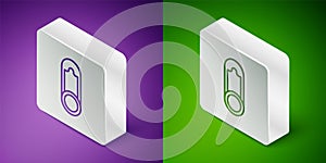 Isometric line Baby clothes pin icon isolated on purple and green background. Classic closed steel safety pin. Silver