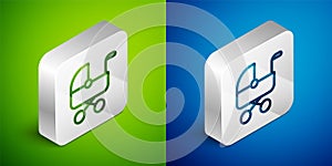 Isometric line Baby stroller icon isolated on green and blue background. Baby carriage, buggy, pram, stroller, wheel