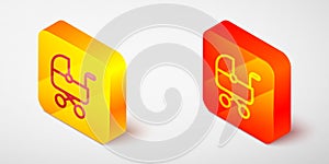 Isometric line Baby stroller icon isolated on grey background. Baby carriage, buggy, pram, stroller, wheel. Yellow and