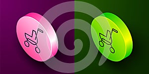Isometric line Baby stroller icon isolated on purple and green background. Baby carriage, buggy, pram, stroller, wheel