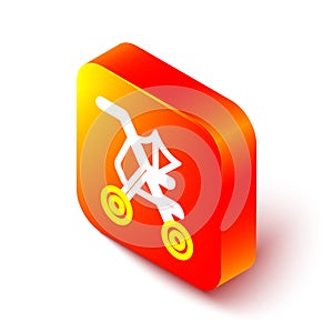 Isometric line Baby stroller icon isolated on white background. Baby carriage, buggy, pram, stroller, wheel. Orange