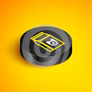 Isometric line Bag of food for dog icon isolated on yellow background. Food for animals. Pet food package. Black circle