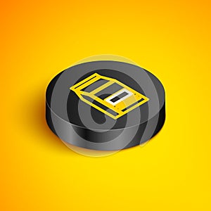 Isometric line Bag of food icon isolated on yellow background. Food for animals. Pet food package. Black circle button