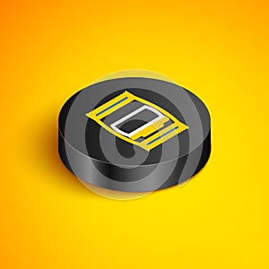 Isometric line Bag of food icon isolated on yellow background. Food for animals. Pet food package. Black circle button