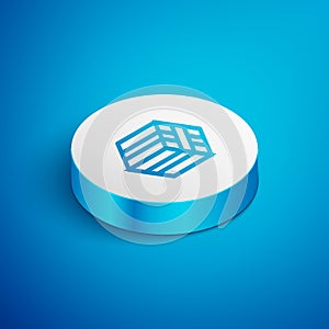 Isometric line Bale of hay icon isolated on blue background. White circle button. Vector