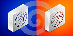 Isometric line Basketball ball icon isolated on blue and orange background. Sport symbol. Silver square button. Vector