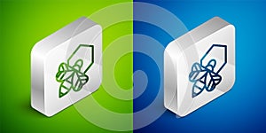 Isometric line Bee and honeycomb icon isolated on green and blue background. Honey cells. Honeybee or apis with wings