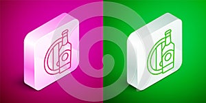 Isometric line Beer bottle and wooden barrel icon isolated on pink and green background. Silver square button. Vector