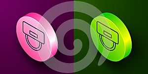 Isometric line Bellboy hat icon isolated on purple and green background. Hotel resort service symbol. Circle button