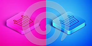 Isometric line Bicycle basket icon isolated on pink and blue background. Square button. Vector