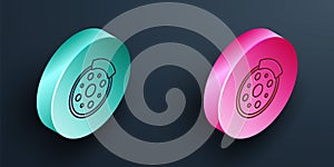 Isometric line Bicycle brake disc icon isolated on black background. Turquoise and pink circle button. Vector