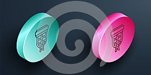 Isometric line Billiard pocket icon isolated on black background. Billiard hole. Turquoise and pink circle button