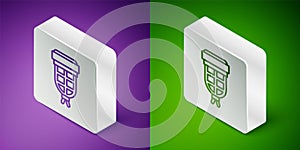 Isometric line Billiard pocket icon isolated on purple and green background. Billiard hole. Silver square button. Vector