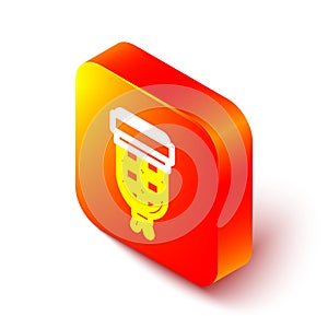 Isometric line Billiard pocket icon isolated on white background. Billiard hole. Orange square button. Vector