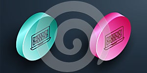 Isometric line Binary code icon isolated on black background. Turquoise and pink circle button. Vector