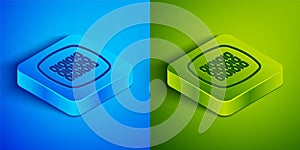 Isometric line Binary code icon isolated on blue and green background. Square button. Vector