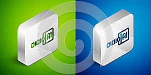 Isometric line Binary code icon isolated on green and blue background. Silver square button. Vector