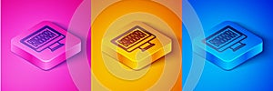 Isometric line Binary code icon isolated on pink and orange, blue background. Square button. Vector