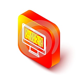 Isometric line Binary code icon isolated on white background. Orange square button. Vector