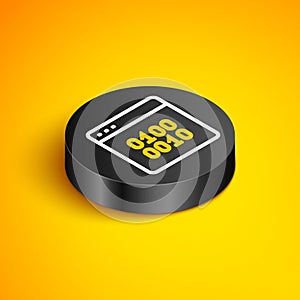 Isometric line Binary code icon isolated on yellow background. Black circle button. Vector