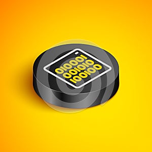Isometric line Binary code icon isolated on yellow background. Black circle button. Vector