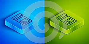 Isometric line Biologically active additives icon isolated on blue and green background. Square button. Vector