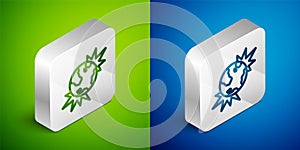 Isometric line Bomb explosive planet earth war danger icon isolated on green and blue background. Silver square button