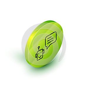 Isometric line Bot icon isolated on white background. Robot icon. Green circle button. Vector