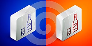 Isometric line Bottle of vodka with glass icon isolated on blue and orange background. Silver square button. Vector