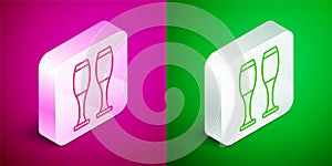 Isometric line Bowling pin icon isolated on pink and green background. Juggling clubs, circus skittles. Silver square