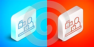 Isometric line Breaking news icon isolated on blue and red background. News on television. News anchor broadcasting