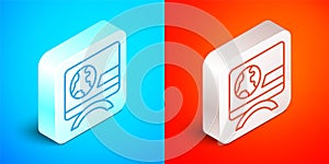 Isometric line Breaking news icon isolated on blue and red background. News on television. News anchor broadcasting