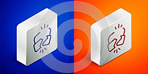 Isometric line Broken or cracked lock icon isolated on blue and orange background. Unlock sign. Silver square button