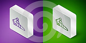 Isometric line Broken pot icon isolated on purple and green background. Silver square button. Vector