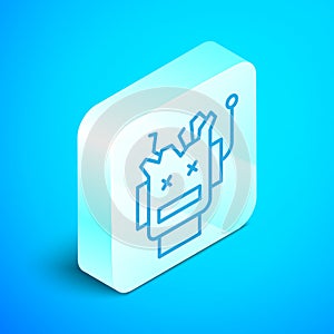 Isometric line Broken robot icon isolated on blue background. Artificial intelligence, machine learning, cloud computing