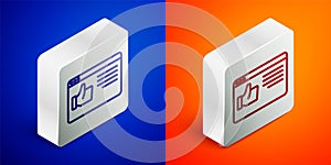 Isometric line Browser window icon isolated on blue and orange background. Silver square button. Vector