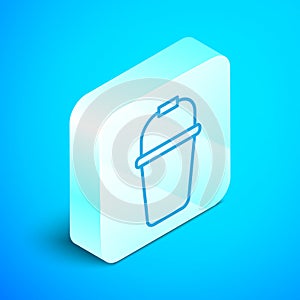 Isometric line Bucket icon isolated on blue background. Silver square button. Vector