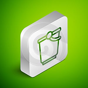 Isometric line Bucket icon isolated on green background. Silver square button. Vector