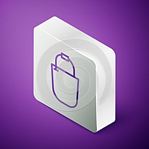 Isometric line Bucket icon isolated on purple background. Silver square button. Vector