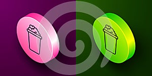 Isometric line Bucket with soap suds icon isolated on purple and green background. Bowl with water. Washing clothes