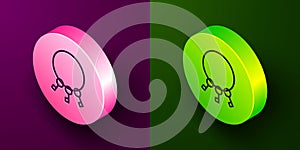 Isometric line Bunch of keys icon isolated on purple and green background. Circle button. Vector Illustration