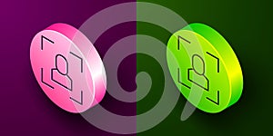 Isometric line Camera focus frame line icon isolated on purple and green background. Circle button. Vector